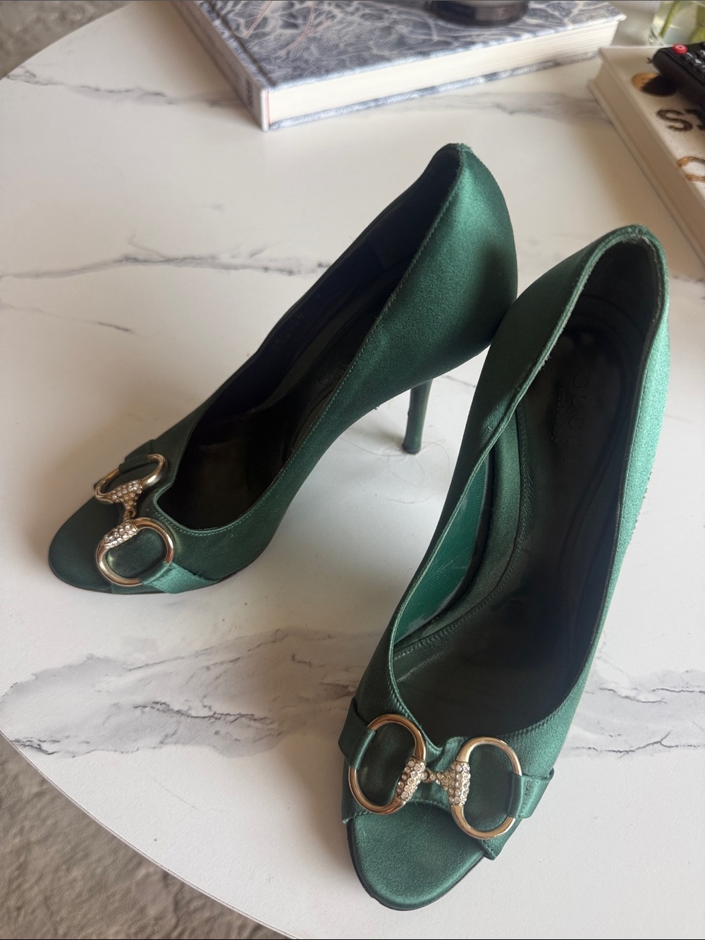 Gucci Green Satin Peep-Toe Heels with Gold Horsebit